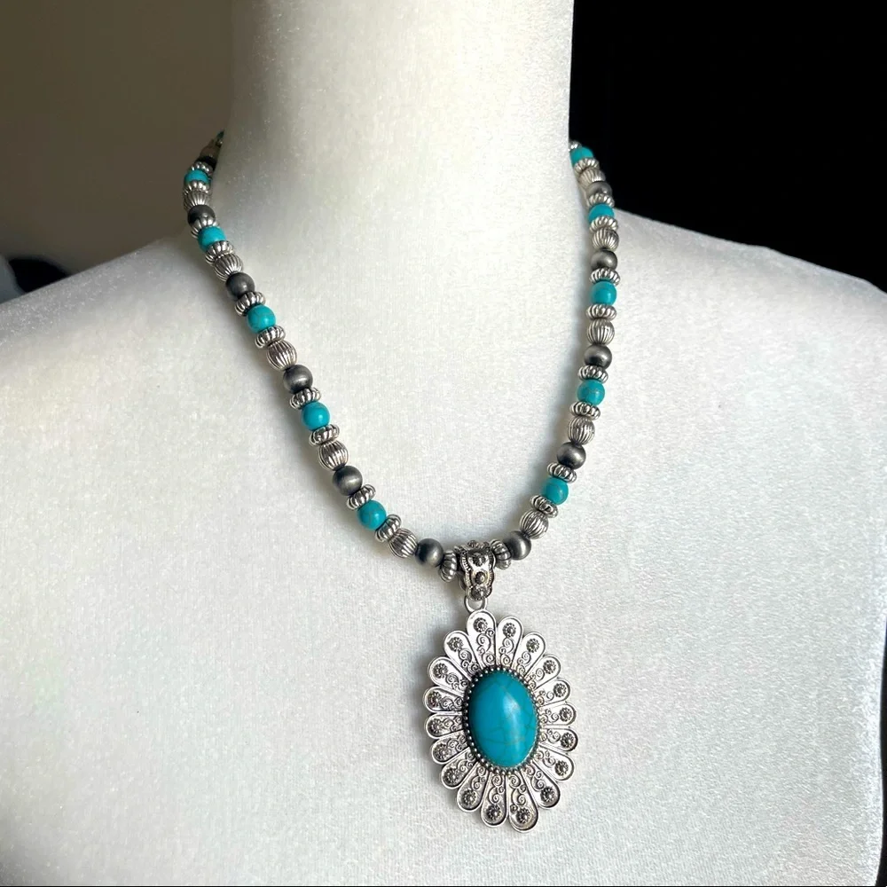 Turquoise Flower Concho Necklace - Picture 1 of 3
